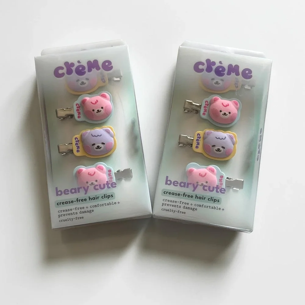 The Crème Shop Beary Cute 4 Pc Hair Clips Pink Purple New Crease-Free 2pk Kawaii